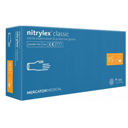 Cimdi nitrila MERCATOR Nitrylex Classic, zili, bez pūdera, S izm., 100 gab