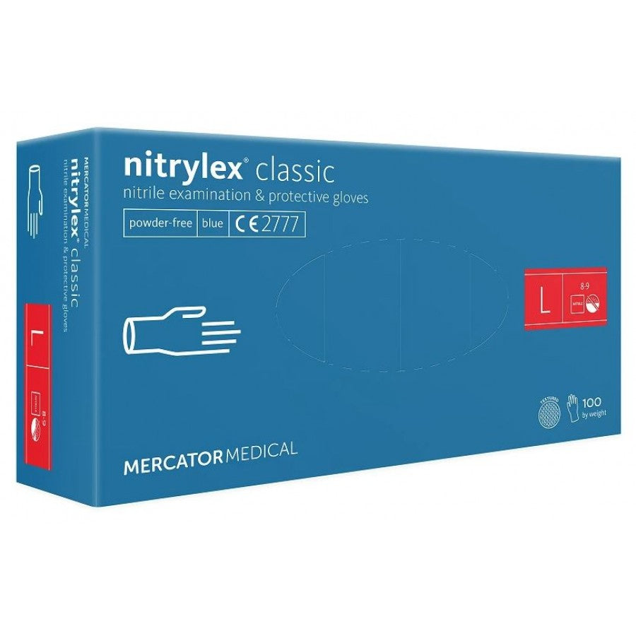 Cimdi nitrila MERCATOR Nitrylex Classic, zili, bez pūdera, L izm., 100gab